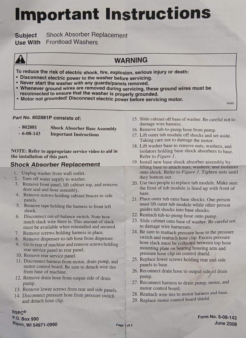 807875 Front Load Washer Shock Absorber Base Kit